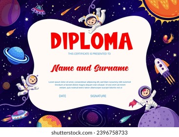 Kids astronaut diploma. Cartoon galaxy space, planets and stars, starship and astronauts in outer space. Vector education frame or graduate certificate with baby cosmonauts, spacecrafts and spaceships