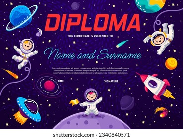 Diploma de astronauta infantil con espacio de dibujos animados, cohetes y planetas en el espacio exterior de la galaxia estrellada, premio de certificado de vector. Niños en el planeta o en la nave espacial galáctica en el cielo con diploma escolar o de jardín de infancia