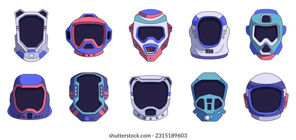 Kids astronaut helmet. Cartoon cute kid face futuristic space helmet, cosmic cosmonaut face headwear for party costume, funny kids face props. Vector set, spacesuit for children isolated
