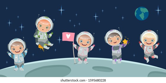 Kids Astronaut On Moon. Space Background Illustration. Cartoon Character Children In Spacesuit, Space Trip Vector Illustration