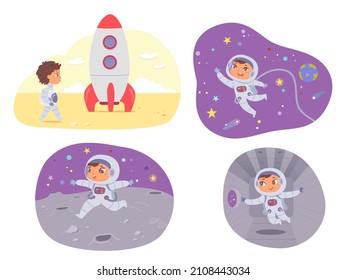 Kids astronaut, rocket and space adventure in universe set vector illustration. Cartoon boy girl cosmonaut characters travel in galaxy, cute spaceman in spacesuit costume collection isolated on white