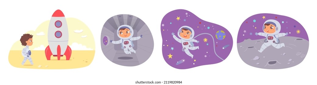 Kids astronaut, rocket and space adventure in universe set vector illustration. Cartoon boy girl cosmonaut characters travel in galaxy, cute spaceman in spacesuit costume collection isolated on white