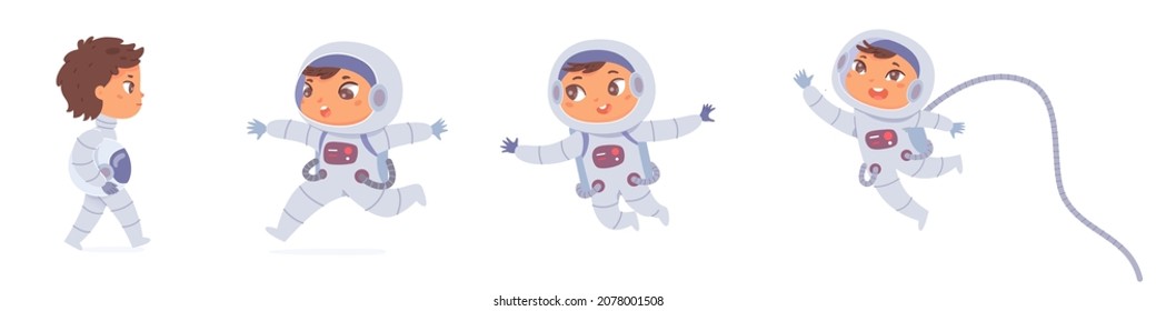 Kids astronaut set vector illustration. Cartoon boy or girl cosmonaut characters travel in galaxy, cute spaceman in spacesuit costume collection isolated on white