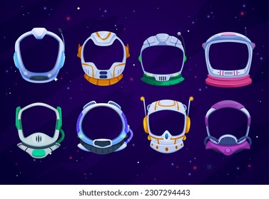 Cascos espaciales astronautas para niños, fototaquilla y marcos faciales, máscaras vectoriales para hombres espaciales. Marcos de casco de caricatura de astronauta espacial para efectos de videochat o filtro de cara y avatares de aplicaciones móviles