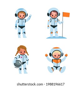 Kids astronauts. Cartoon boys and girls in spacesuits. Children explore space. Cute characters with greeting gestures. Happy young people holding flag and helmet. Vector cosmonauts set