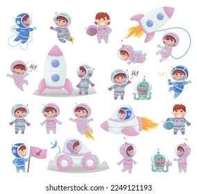 Kids Astronauts Characters in White Costumes of Cosmonaut Exploring Galaxy Big Vector Set