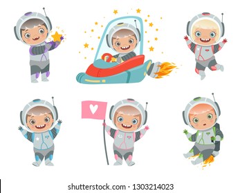 Kids astronauts. Children funny characters in space suit spaceman vector mascots