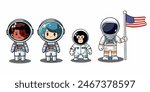 Kids astronauts in cosmic suits, with American flag, helmets. Girls, boys and monkey cosmonauts, Vector cartoon flat design isolated in set.