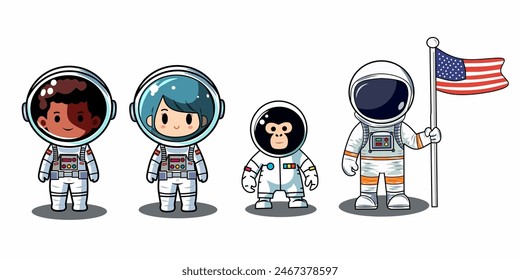 Kids astronauts in cosmic suits, with American flag, helmets. Girls, boys and monkey cosmonauts, Vector cartoon flat design isolated in set.