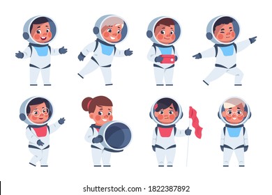 Kids astronauts. Cute happy cartoon children characters in white costumes of cosmonauts. Teens playing galaxy games, wear cosmic festival spacesuits. Vector space set for boys and girls science career
