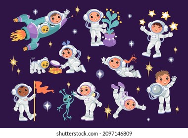 Kids astronauts. Little boys and girls cosmonauts. Happy children in outer space with dog or plant. Spaceman characters fly on cosmic rocket. Stars and alien. Vector