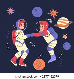 Kids astronauts, little children boy and girl space explorers or cosmonauts in zero gravity, flat cartoon vector illustration. Background on space exploration theme.