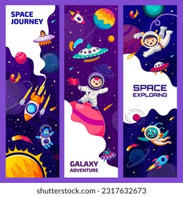 Kids astronauts in outer space. Aliens, UFO and galaxy space planets. Outerspace exploration vector background or banner with boy in spacesuit standing on planet, alien character, rockets and comets