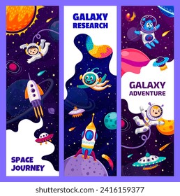 Kids astronauts in outer space. Aliens, UFO and galaxy space planets on starry sky vector background. Cartoon galaxy explorers characters, rockets, flying saucers and comets, universe research