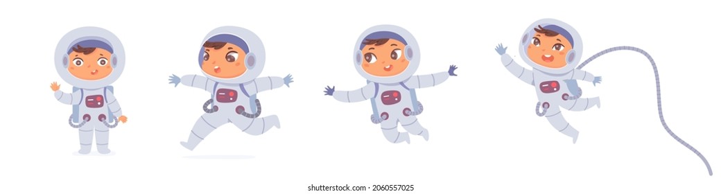 Kids Astronauts Set Vector Illustration. Cartoon Boy Girl Child Cosmonaut Characters Collection, Spaceman In Spacesuit Flying In Outer Space, Children Jumping In Weightlessness Isolated On White