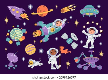 Astronautas infantiles con elementos espaciales. Caricatura de pequeños personajes cosmonautas. Niños y niñas en espacios espaciales. Planetas y cohetes. Exploradores del universo. Cometas y estrellas. Vector