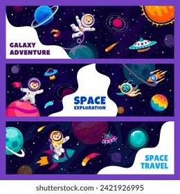 Kids astronauts at starry galaxy landscape. Space travel banners with cartoon spaceman and alien characters at outer space vector background with rockets, UFO and galaxy planets, comets and stars