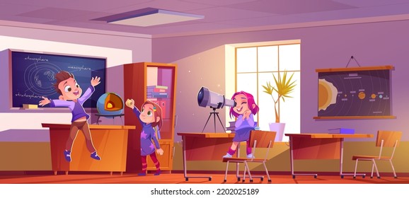 Kids in astronomy lesson in school classroom with blackboard, poster with planets, tables, chairs, telescope and globe. Children students study space and galaxy, vector cartoon illustration