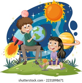 Kids in astronomy theme illustration