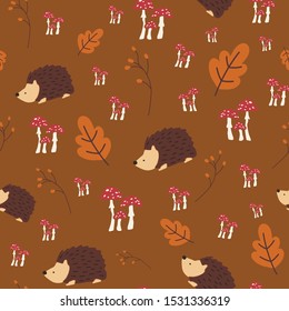Kids autumn seamless vector pattern. Hedgehog mushrooms woodland Scandinavian fall design brown nature background. Use for textile fabric print, digital scrapbooking paper, packaging, kids fashion
