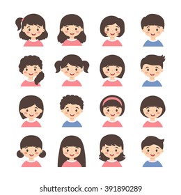 Kids Avatar Cartoon. Set of cute boys and girls character with different hair style on white background.