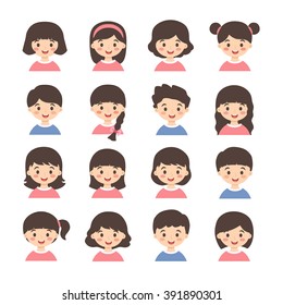 Kids Avatar Cartoon. Set of cute boys and girls character with different hair style on white background.