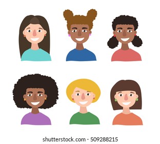 Kids Avatar Cartoon. Set of smiling girls character with different hair style on white background. Happy smiling young European and African-American girls character, flat design, vector illustration