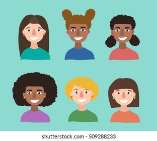 Kids Avatar Cartoon. Set of smiling girls character with different hair style on blue background. Happy smiling young European and African-American girls character, flat design, vector illustration
