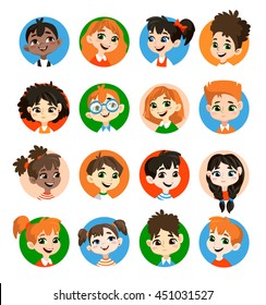 Kids avatar collection. Pupils boys and girls.  Vector illustrations Isolated on white background. 