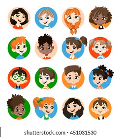 Kids avatar collection. Pupils boys and girls.  Vector illustrations Isolated on white background. 