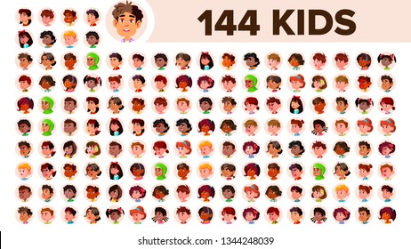 Kids Avatar Set Vector. Multi Racial. Face Emotions. Multinational User People Portrait. Male, Female. Ethnic. Icon. Asian, African, European, Arab. Flat Illustration