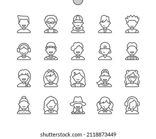 Kids avatars. Cute children, boys and girls faces. Pixel Perfect Vector Thin Line Icons. Simple Minimal Pictogram