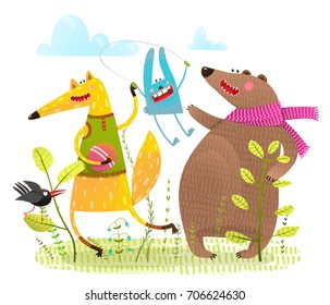 Kids baby animals happy friendship cartoon. Vector illustration.