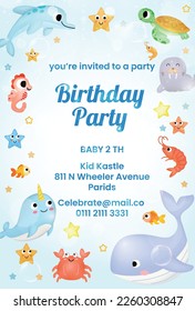 Kids baby birthday party under the sea theme invitation card with cute marine life cartoon character