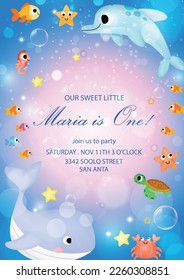 Kids baby birthday party under the sea theme invitation card with cute marine life cartoon character