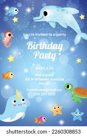 Kids baby birthday party under the sea theme invitation card with cute marine life cartoon character