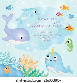 Kids baby birthday party under the sea theme invitation card with cute marine life cartoon character
