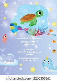 Kids baby birthday party under the sea theme invitation card with cute marine life cartoon character