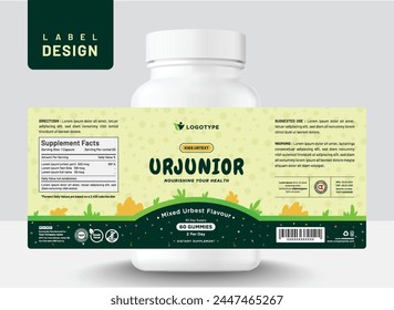 Kids baby food supplement multi vitamin label sticker design and medicine bottle jar box packaging.