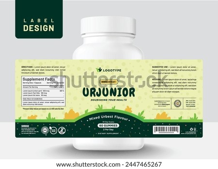 Kids baby food supplement multi vitamin label sticker design and medicine bottle jar box packaging.