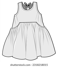 Niños Niñas Bebés Sleevless Bubble Hem Vestido con Pockets Moda Ilustración, Vector, CAD, Dibujo Técnico, Plano Plano, Mockup.