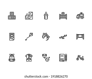 Kids and Baby Icon Set with Puzzle, Pacifier, Toy, Balance Bike Icon