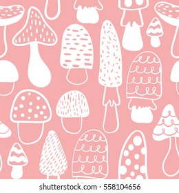 Kids and baby modern mushroom seamless pattern. Vector modern doodle background. Perfectly look on fabric, textile, etc.