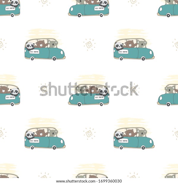 Kids baby pattern of animals driving a car in\
the white backdrop