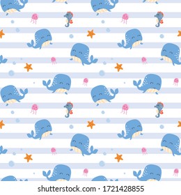Kids baby pattern of blue whale and sea animals