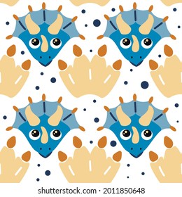 Kids baby pattern with cute blue dinosaurs concept with foodsteps. Print for T-shirts, textiles, wrapping paper, web.