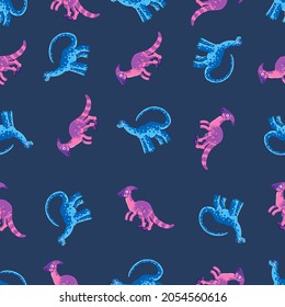 Kids baby pattern with cute dinosaurs concept. Cute funny kids dinosaurs template. Colorful dinosaur background. Background for textiles and fabrics. Perfect for kids fabrics, textiles, baby wallpaper