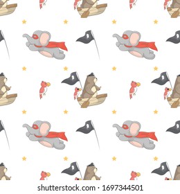Kids baby pattern with elephant hero and bear in the white backdrop