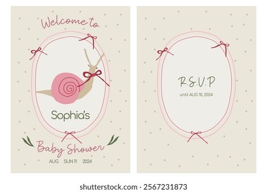 Kids Baby Shower card for birthday party with coquette ribbon bows and snail character flat illustration. Vector girly invitation design template.
