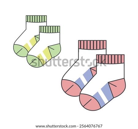 Kids baby socks vector design mockup template technical flat sketch.
